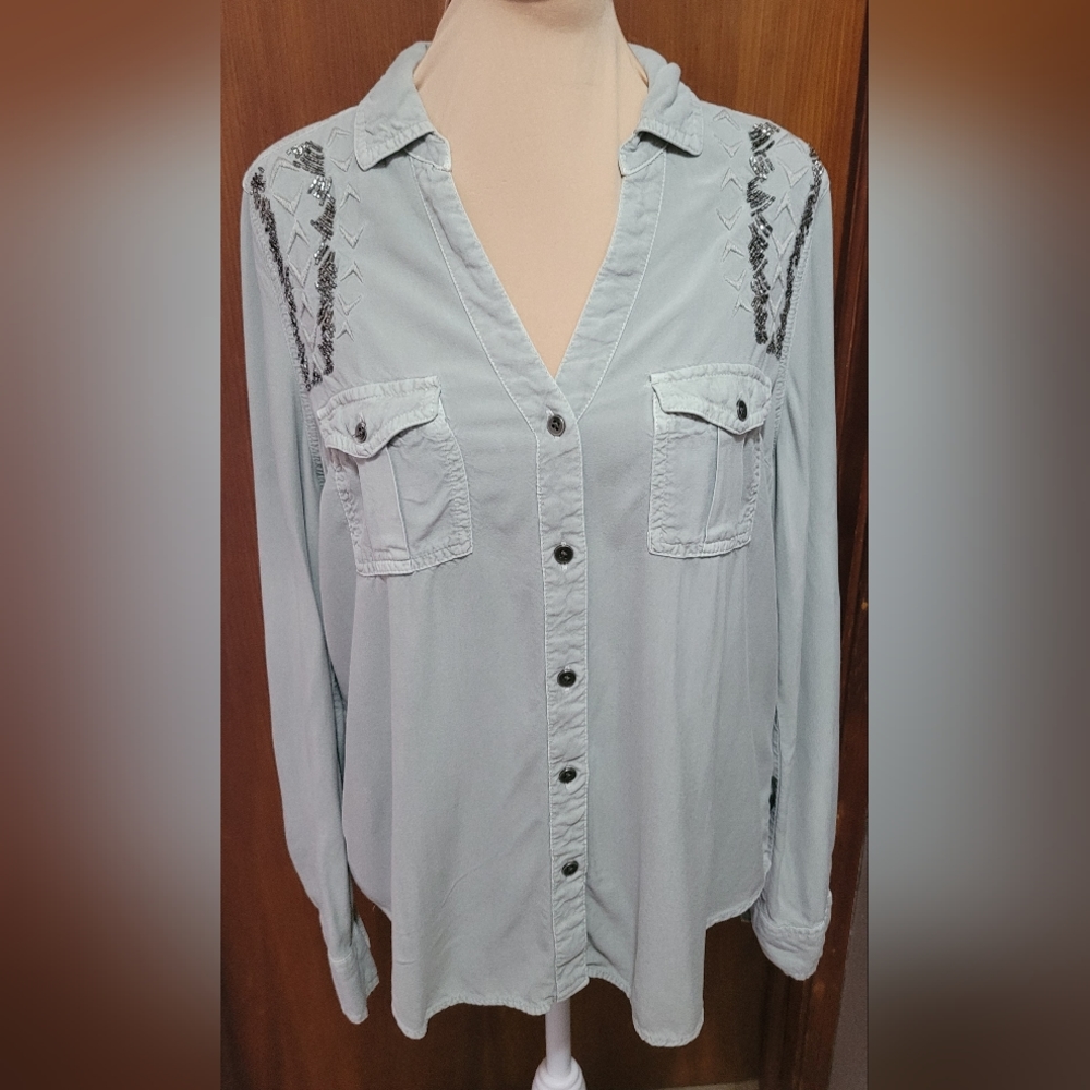 Rock and Republic Beaded Gray Long Sleeve Shirt Size Medium
